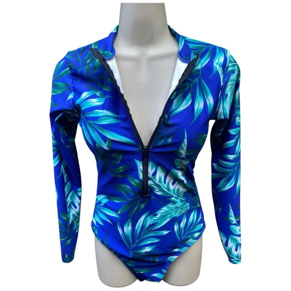 Shein Swim Tropical Print Zipper Front High Neck One Piece Blue swimsuit Size S - Picture 6 of 12